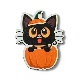 Halloween Single Face Printed Wood Big Pendants, Cat Shape with Pumpkin Charms