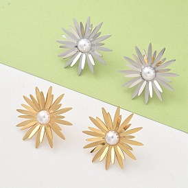 304 серьги-гвоздики из нержавеющей стали с имитацией жемчуга, цветок, ионное покрытие (ip)