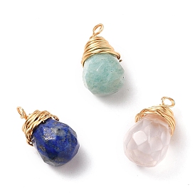 Natural Mixed Gemstone Wire Wrapped Pendants, with Golden Plated Copper Wire, Faceted, Teardrop