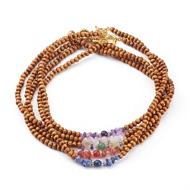 Natural Wood Beaded Necklaces, with Natural Gemstone Beads and Brass Rhinestone Beads, Round & Chips, Golden