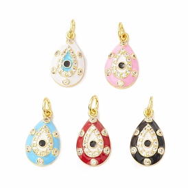 Rack Plating Brass Micro Pave Cubic Zirconia Pendants, with Enamel, Long-Lasting Plated, Real 18K Gold Plated, Cadmium Free & Lead Free, Teardrop with Evil Eye