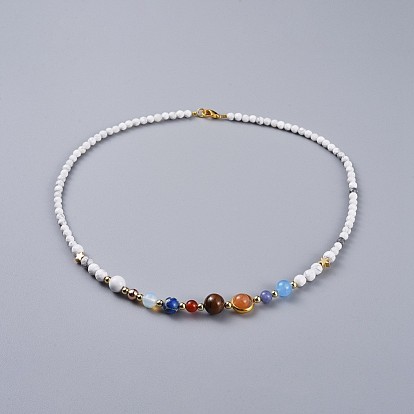 Gemstone Beaded Necklaces, with Brass Beads and 304 Stainless Steel Lobster Claw Clasps, Universe Galaxy The Nine Planets Guardian Star Natural Stone