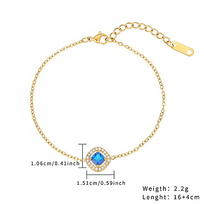 Rhombus Cubic Zirconia Link Bracelet, Golden Stainless Steels Cable Chains