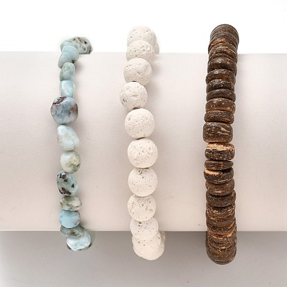 Stretch Beaded Bracelet Sets, Stackable Bracelets, with Natural Lava Rock(Dyed) & Larimar & Coconut Beads