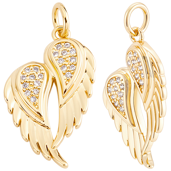 10Pcs Brass Micro Pave Cubic Zirconia Pendants, Wing, with Jump Ring