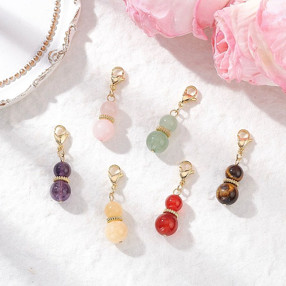 6 шт. 6 стили круглый натуральный зеленый авантюрин, желтый нефрит, сердолик, аметист, тигровый глаз и розовый кварц подвеска украшение, с 304 из нержавеющей стали Lobster Claw застежками
