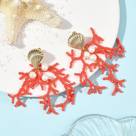 Glass Seed Beaded Stud Earrings for Women, Coral, with Natural Cultured Freshwater Pearl, Brass Stud Earrings for Women, Golden