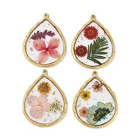 Ion Plating(IP) 304 Stainless Steel Pendants, with Epoxy Resin and Dried Flowers, Teardrop