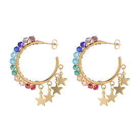 Dangle Stud Earrings, Half Hoop Earrings, with Glass Beads, Brass Charms, 304 Stainless Steel Stud Earring Findings, Ear Nuts and Cardboard Box, Star