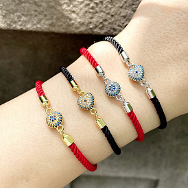 Bracelet couple tressé oeil du diable avec pierres de zircone en forme de coeur - bracelet à cordes rouges unique et créatif
