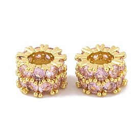 Rack Plating Brass Micro Pave Pink Cubic Zirconia European Beads, Long-Lasting Plated, Lead Free & Cadmium Free, Culumn