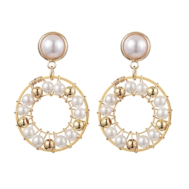 Ring Shell Pearl Beaded Dangle Earrings, Brass Stud Earrings for Women