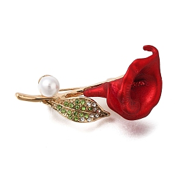 Dark Red Flower Enamel Pins, Flower Alloy Rhinestone Brooch with Imitation Pearls, for Clothes