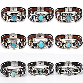 Boho Style Leather Stainless Steel Bracelet with Turquoise Cat Eye Stone