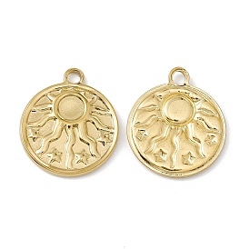 Vacuum Plating 304 Stainless Steel Pendant Cabochon Settings, Flat Round with Sun Pattern