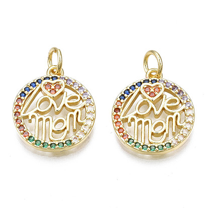 Brass Micro Pave Colorful Cubic Zirconia Pendants, Nickel Free, Flat Round