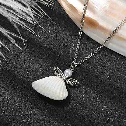 Natural Shell Fairy Pendant Necklace, with 304 Stainless Steel Cable Chains