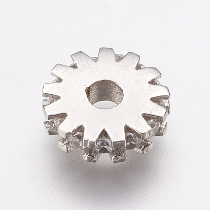 Brass Micro Pave Cubic Zirconia Bead Spacers, Flat Round/Gear, Clear