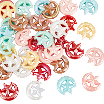 50Pcs Opaque Acrylic Beads, Moon with Star, AB Color Plated