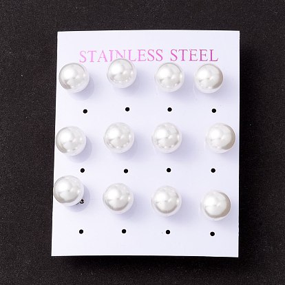 6 Pair Shell Pearl Round Ball Stud Earrings, 304 Stainless Steel Post Earrings for Women, White