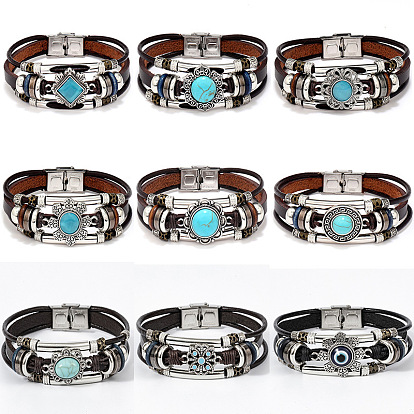 Boho Style Leather Stainless Steel Bracelet with Turquoise Cat Eye Stone