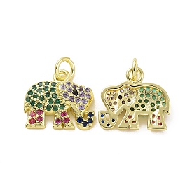 Brass Micro Pave Colorful Cubic Zirconia Charms, with Jump Ring, Elephant