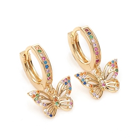 Brass Micro Pave Cubic Zirconia Huggie Hoop Earrings, Long-Lasting Plated, Butterfly, Colorful