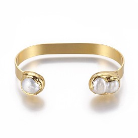 Латунь манжеты браслеты, с натуральной жемчужиной