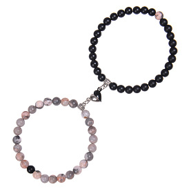 Natural Agate Magnetic Couple Bracelet with Matte Finish and Heart Shape - 6mm Beads