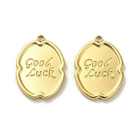 304 Stainless Steel Pendants, Oval with Word Good Luck Charm