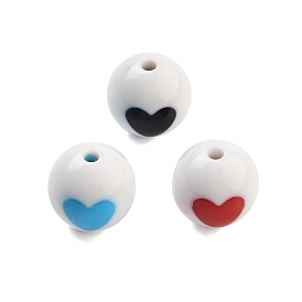 Opaque Printed Acrylic Beads, Round with Heart Pattern