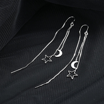 Brass Moon & Star Dangle Stud Earrings, Long Chains Ear Threads for Women