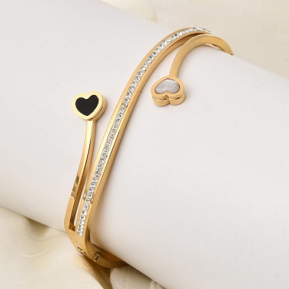 304 женские шарнирные браслеты из нержавеющей стали, Двойное сердце, с синтетической оболочкой, полимерная глина и горный хрусталь, ионное покрытие (ip)