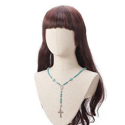 Natural Lava Rock & Synthetic Turquoise Rosary Bead Necklace, Alloy Cross with Virgin Mary Pendant Necklace for Women