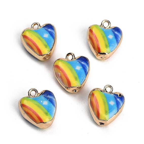 Printed Handmade Porcelain with Brass Pendants, Heart with Rainbow Charms, Golden