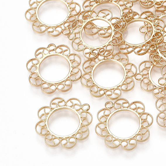 Brass Open Back Bezel Pendants, For DIY UV Resin, Epoxy Resin, Pressed Flower Jewelry, Flower, Real 18K Gold Plated