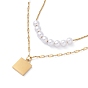 Plastic Pearl & Square with Rose Pendants Double Layer Necklace, Ion Plating(IP) 304 Stainless Steel Jewelry for Women