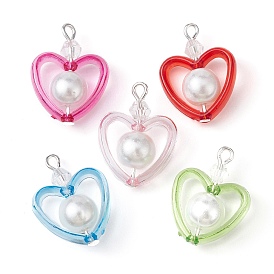 Transparent Acrylic Pendants, with Baking Painted Pearlized Glass Pearl Round Beads, Heart