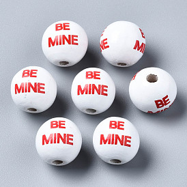 Painted Natural Wood European Beads, Large Hole Beads, Printed, Round with Be Mine