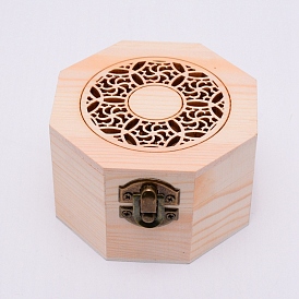 Octagon Shape Unfinished Hollow Wood Storage Box, with Hinged Lid, Floral Pattern