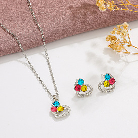 Color Diamond Love Jewelry Set Female Fashion Temperament Niche Design Hollow Heart Shaped Necklace Earrings Trendy