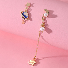 Mystical Starry Sky Pearl Asymmetric Earrings with Oil Drop, Elegant and Charming