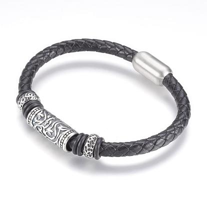 Leather Cord Bracelets, with 304 Stainless Steel Findings and Magnetic Clasps, Column