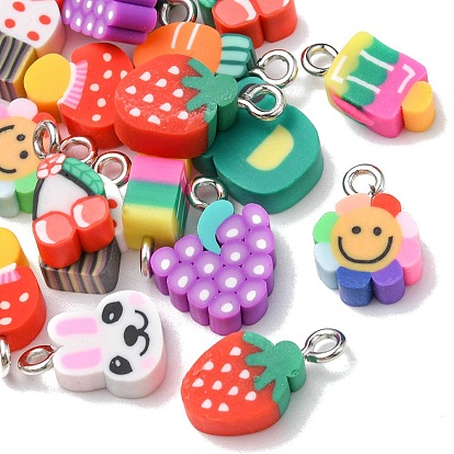 20Pcs 10 Style Handmade Polymer Clay Charms, with Iron Findings, Platinum, Mixed Shape