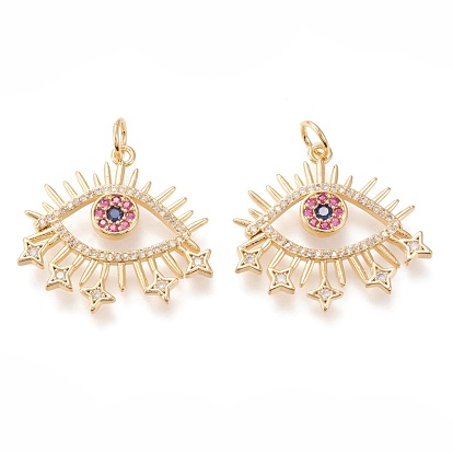 Brass Micro Pave Cubic Zirconia Pendants, with Jump Rings, Cadmium Free & Lead Free, Long-Lasting Plated, Eye with Star, Clear