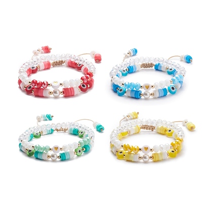 2Pcs 2 Style Polymer Clay Heishi Surfer Braided Bead Bracelets Set with Lampwork Evil Eye, Glass Pearl Preppy Bracelets with Acrylic Heart for Women