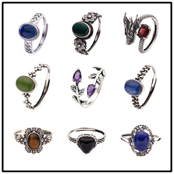 925 Кольца из стерлингового серебра с натуральными и синтетическими драгоценными камнями, античное серебро
