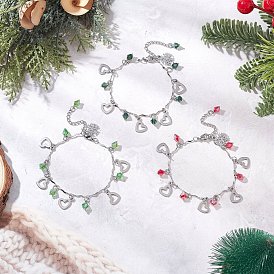 3Pcs 3 Colors 304 Stainless Steel & Alloy Rhinestone Charms Bracelets, Wave Bar Link Chains Bracelets for Women, Heart & Snowflake, with Glass
