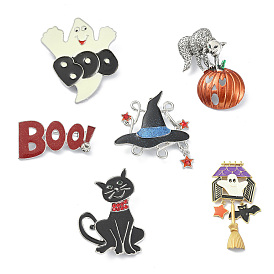 Alloy Glass Rhinestone Brooches, Enamel Pins, for Halloween, Pumpkin/Cat/Ghost