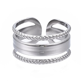 304 Stainless Steel Triple Line Open Cuff Ring, Chunky Hollow Ring for Women